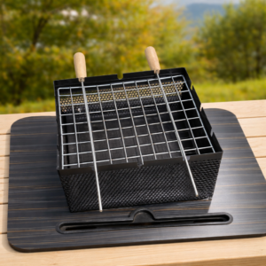 The Better Home Heavy-Duty Iron Charcoal Grill – Portable BBQ Sigdi with Stainless Steel Skewers, Wooden Handles & Mesh Grill for Home & Outdoor Use (Silver)