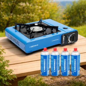 Campingaz Camp Bistro Portable Gas Stove with 4 CP250 Butane Cartridges – Compact Outdoor Cooking Set, Easy Ignition, Travel-Friendly Design (Blue, 33×28×9 cm)
