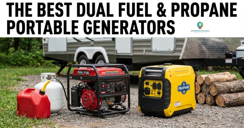 Two portable generators—one dual fuel and one propane—placed outdoors near an RV with fuel tanks, highlighting clean and flexible power options for outdoor and backup use.
