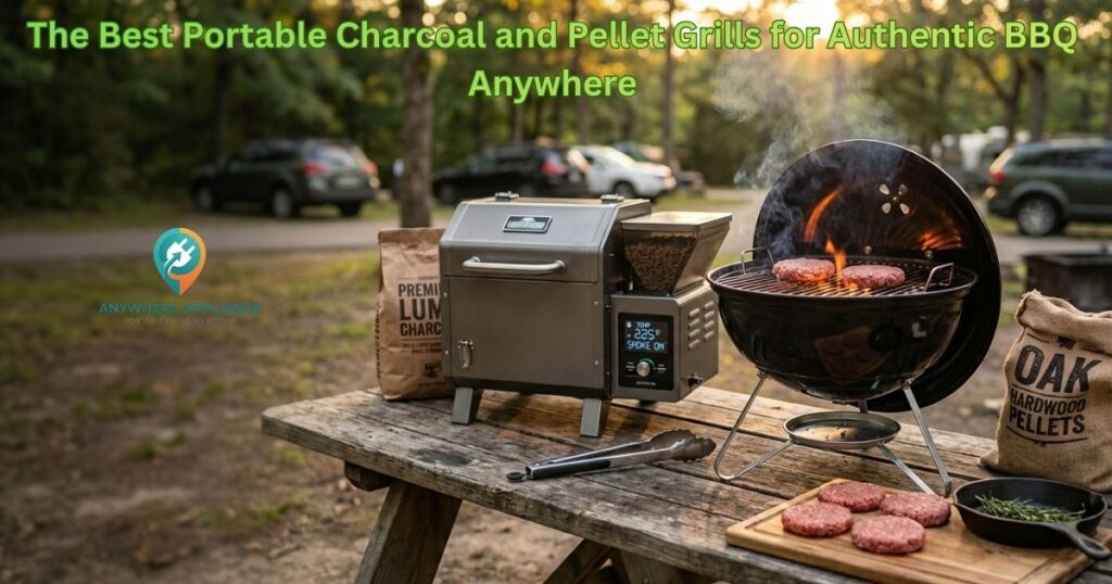 A portable pellet grill and charcoal kettle grill on a campsite picnic table with burger patties, tongs, lump charcoal, and oak hardwood pellets.