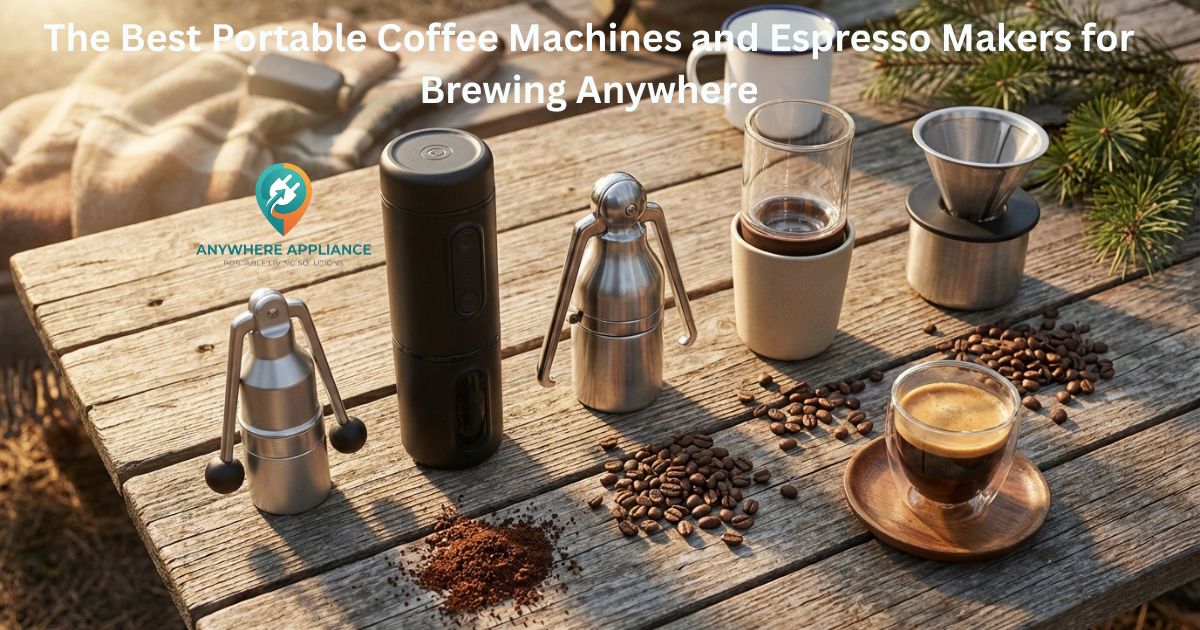 Five portable coffee machines and espresso makers arranged on a rustic wooden outdoor table with scattered coffee beans, ground coffee, and a glass espresso cup with crema beside pine branches