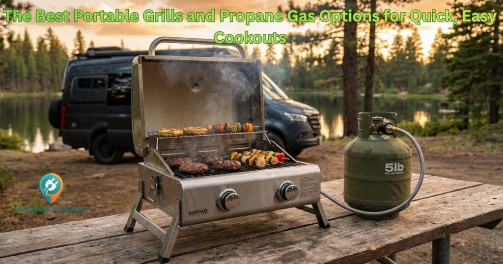 A stainless steel two-burner tabletop propane grill loaded with burgers and vegetable skewers, connected to a 5lb green propane tank via a hose, placed on a wooden picnic table at a lakeside campsite with a van and pine trees in the background at sunset.