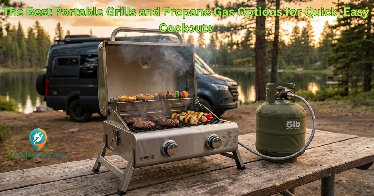 A stainless steel two-burner tabletop propane grill loaded with burgers and vegetable skewers, connected to a 5lb green propane tank via a hose, placed on a wooden picnic table at a lakeside campsite with a van and pine trees in the background at sunset.