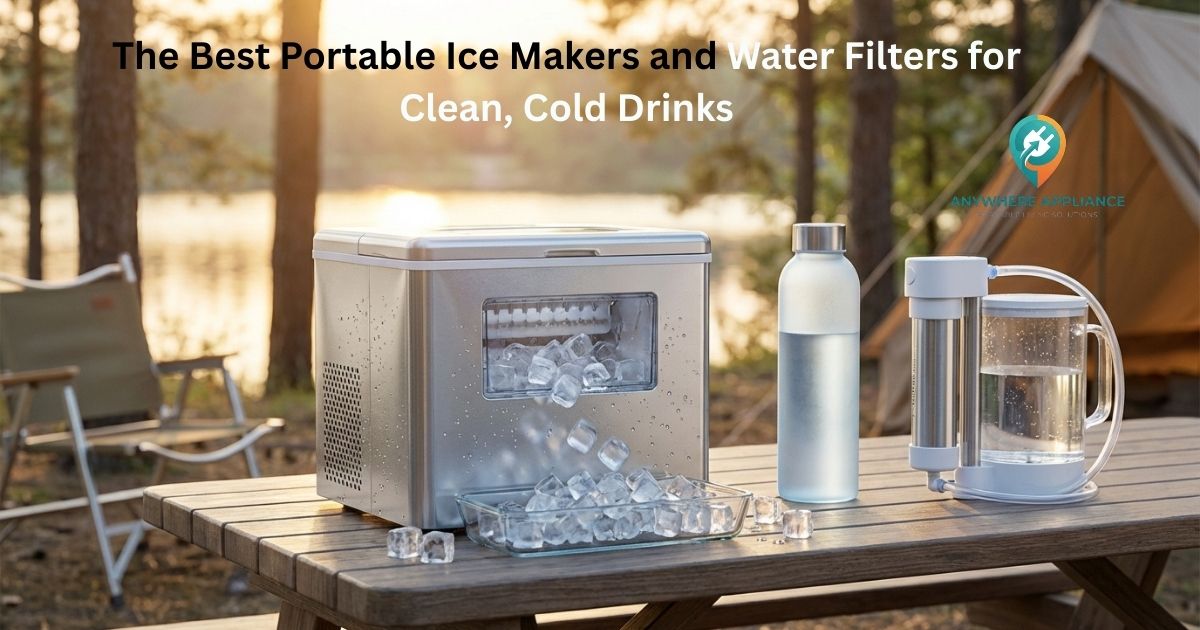 Portable ice maker with fresh ice cubes, filtered water bottle, and water filtration system on a wooden picnic table at a lakeside campsite with golden hour lighting and a tent in the background