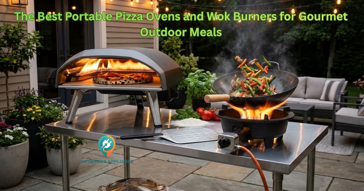 A portable pizza oven with a blazing flame baking a Neapolitan-style pizza alongside a round-bottom wok on a high-pressure burner with stir-fried vegetables tossed mid-air, set up on a stainless steel table in a patio garden.