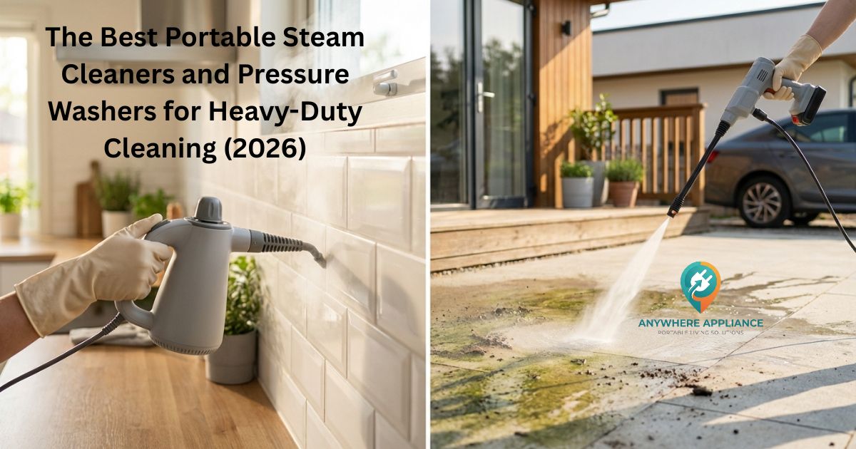 Hands using a portable steam cleaner on white kitchen tile grout on the left and a cordless pressure washer blasting green algae off a concrete patio on the right in a bright modern home setting