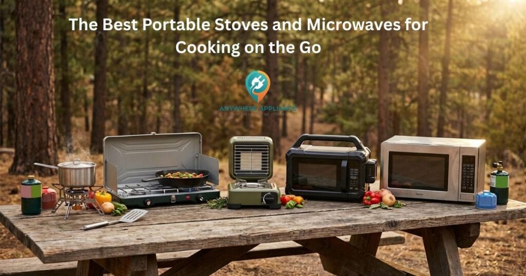 Five portable stoves and microwaves including a two-burner gas stove, compact heater stove, rugged cordless microwave, and stainless RV microwave arranged on a rustic wooden picnic table surrounded by fresh vegetables and propane canisters in a pine forest