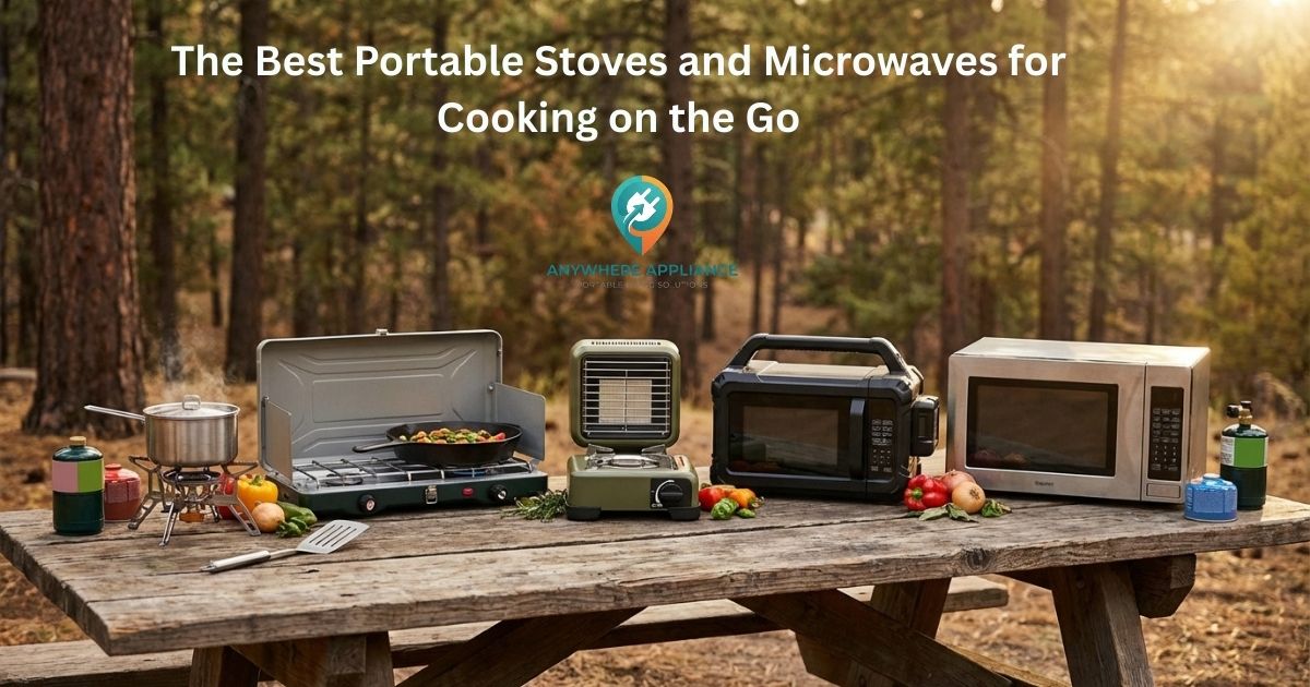 Five portable stoves and microwaves including a two-burner gas stove, compact heater stove, rugged cordless microwave, and stainless RV microwave arranged on a rustic wooden picnic table surrounded by fresh vegetables and propane canisters in a pine forest