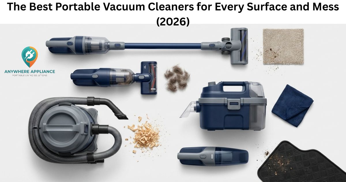 Top 5 portable vacuum cleaners for every surface and mess 2026 flat lay on white background with cordless stick vacuum, handheld pet vacuum, canister shop vac, wet dry vac, and compact car vacuum alongside pet hair, wood shavings, carpet swatch, and rubber car floor mat