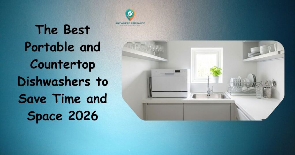 The Best Portable and Countertop Dishwashers to Save Time and Space 2026 - compact white countertop dishwasher placed beside a kitchen sink in a bright, clean small apartment kitchen with neatly stacked dishes and glassware