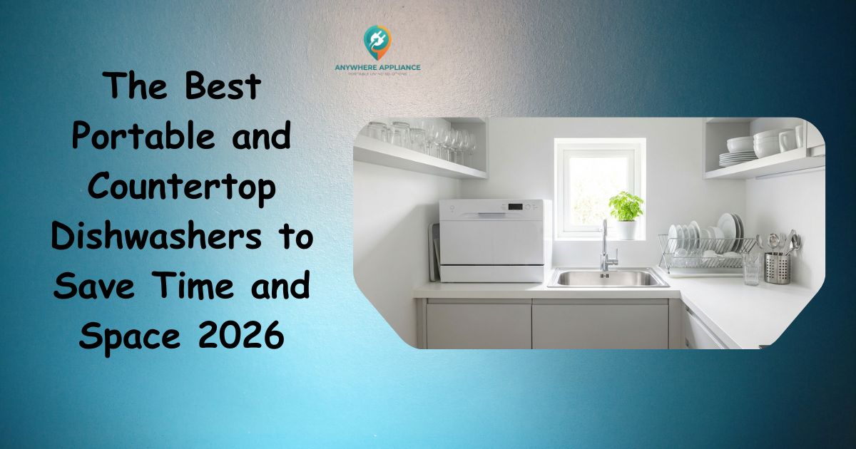 The Best Portable and Countertop Dishwashers to Save Time and Space 2026 - compact white countertop dishwasher placed beside a kitchen sink in a bright, clean small apartment kitchen with neatly stacked dishes and glassware