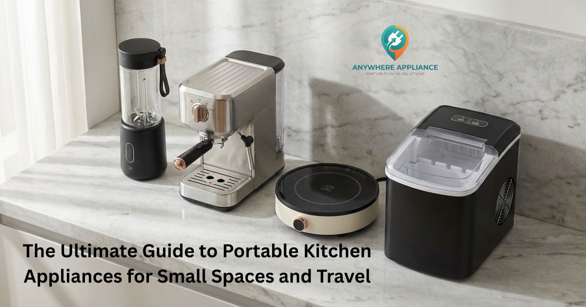 Portable kitchen appliances including a blender, espresso machine, induction cooktop, and ice maker arranged on a white marble countertop