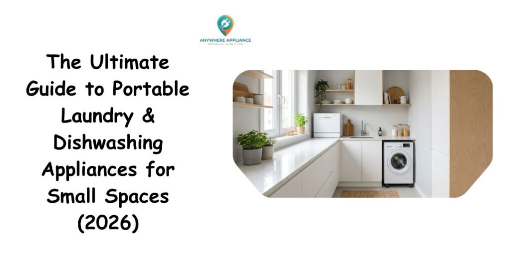 Portable washing machine and countertop dishwasher in a clean minimalist small apartment kitchen — AnywhereAppliance guide 2026