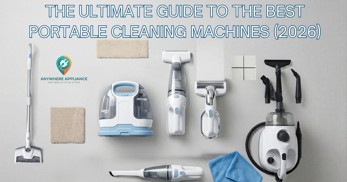 Five best portable cleaning machines of 2026 including handheld vacuum, spot cleaner, cordless upholstery cleaner, steam mop, and heavy-duty steamer arranged on a white background