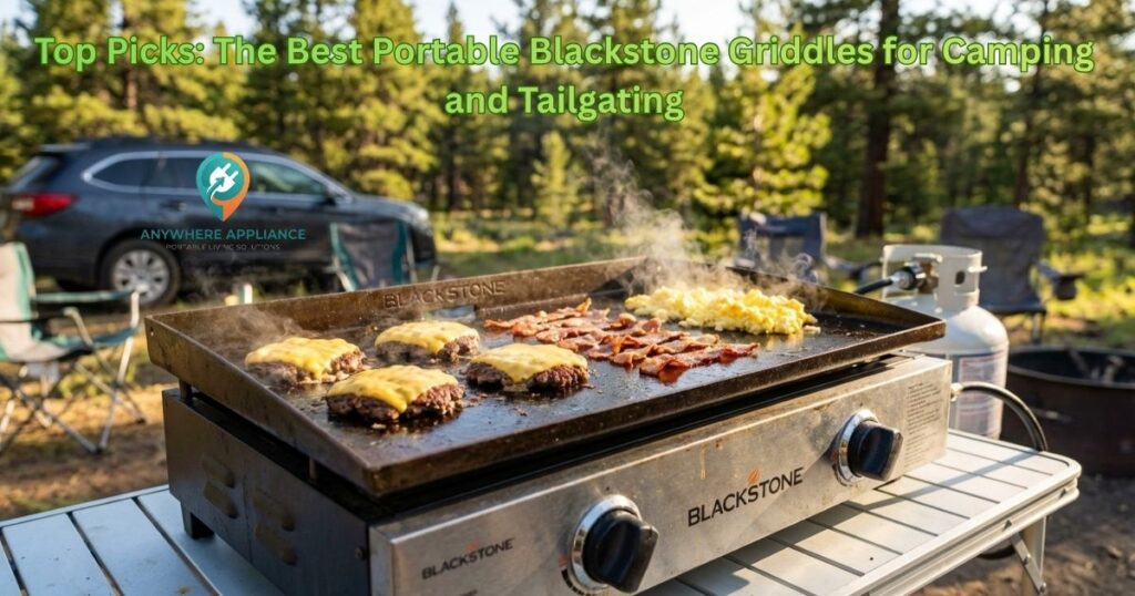 Blackstone portable griddle cooking smash burgers, bacon and scrambled eggs at an outdoor campsite
