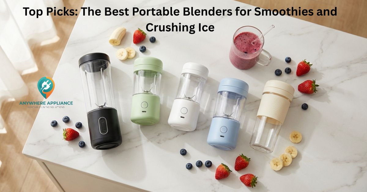 Five colorful portable blenders arranged on a white marble countertop surrounded by fresh strawberries, blueberries, and banana slices with a berry smoothie glass beside them