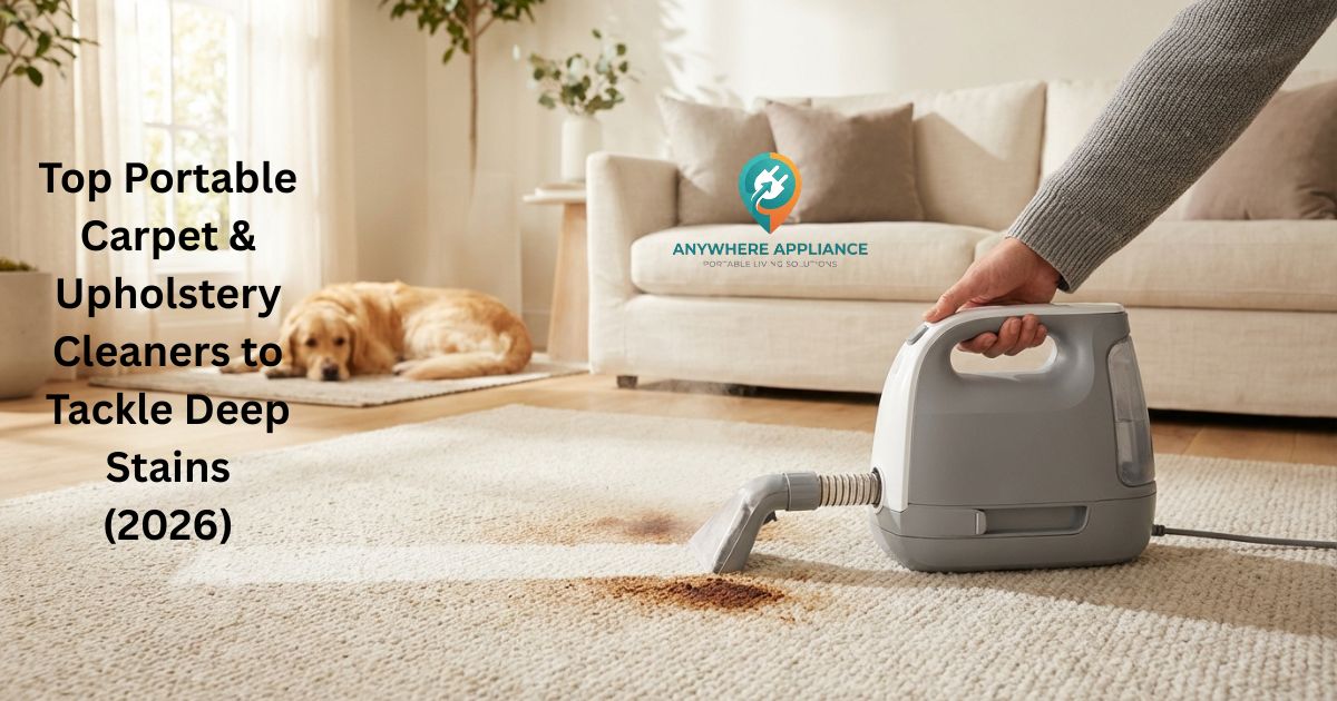 Person using a portable carpet spot cleaner to remove a deep stain on a cream carpet in a bright modern living room with a golden retriever resting in the background